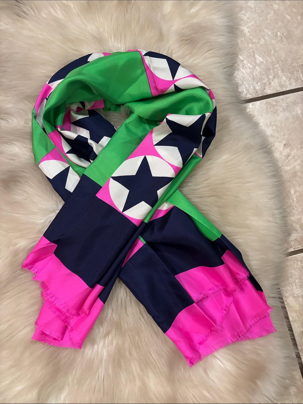 Vintage Norell 100% Silk Neon Starprint Scarf Wrap in Pink, Green & Navy